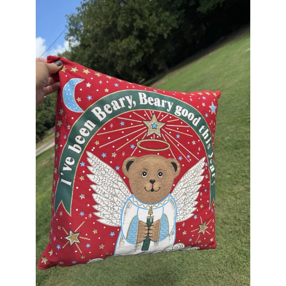 Vintage Decorative Christmas Bear Throw Pillow Puff Paint “Beary Good This Year”